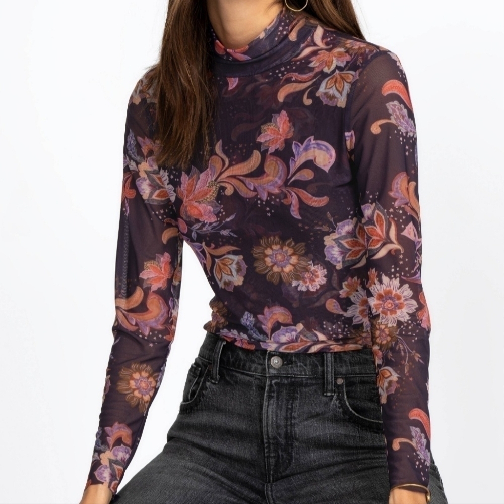 Johnny Was Jade Harmonia Floral-Print Mesh Mock Neck Top S